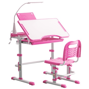 Student Desks and Chairs Set C Style White Lacquered Surface and Pink Plastic with Led Lamp And Book Stand[70x48x(52-74)cm]