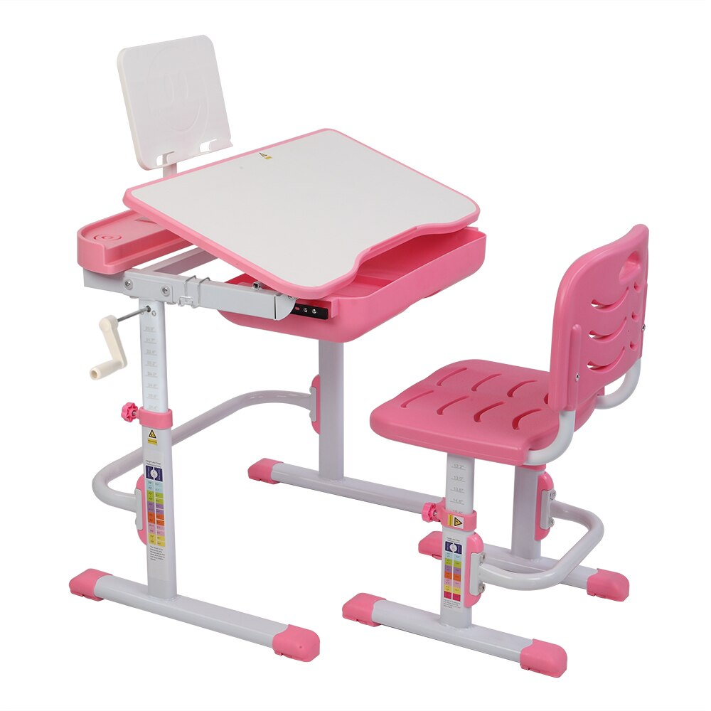 Kid Study Desk And Chair 80cm Hand-Operated Lifting Table Top Can Tilt Children Learning Table And Chair Pink With Reading Frame