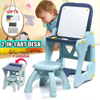 2 in 1 Art Desk Foldable Children Tables Adjustable Desk and Chair Combination Desktop Kid Writing board Drawing Easel blue